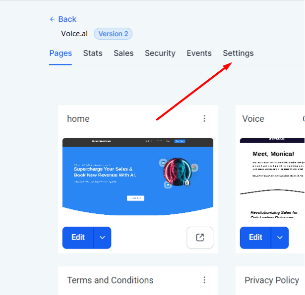 Screenshot showing how to select the site settings