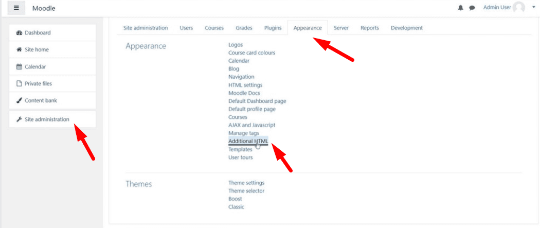 Screenshot of moodle dashboard showing how to navigate to the additional HTML