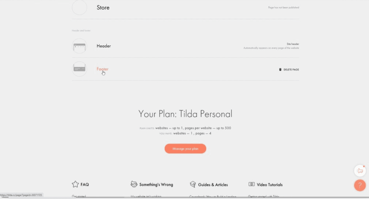 Screenshot of tilda dashboard showing the footer button