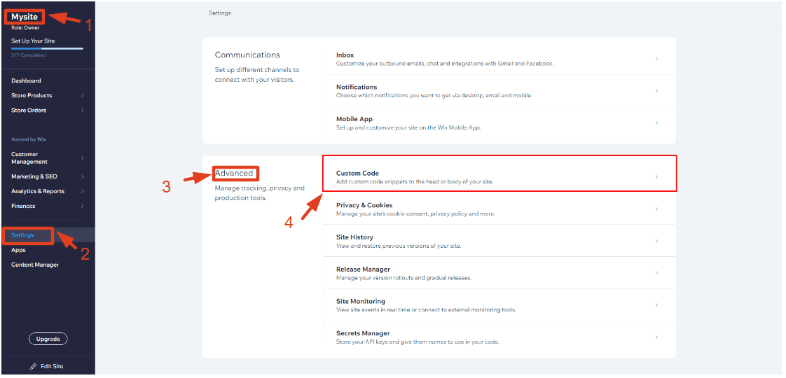Navigating to Settings on your Wix dashboard menu